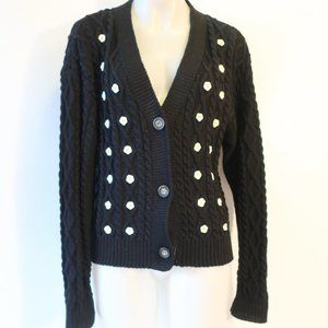 Womens Gigi Black V-Neck Cotton Floral Motif Cotton Cardigan Sweater L *